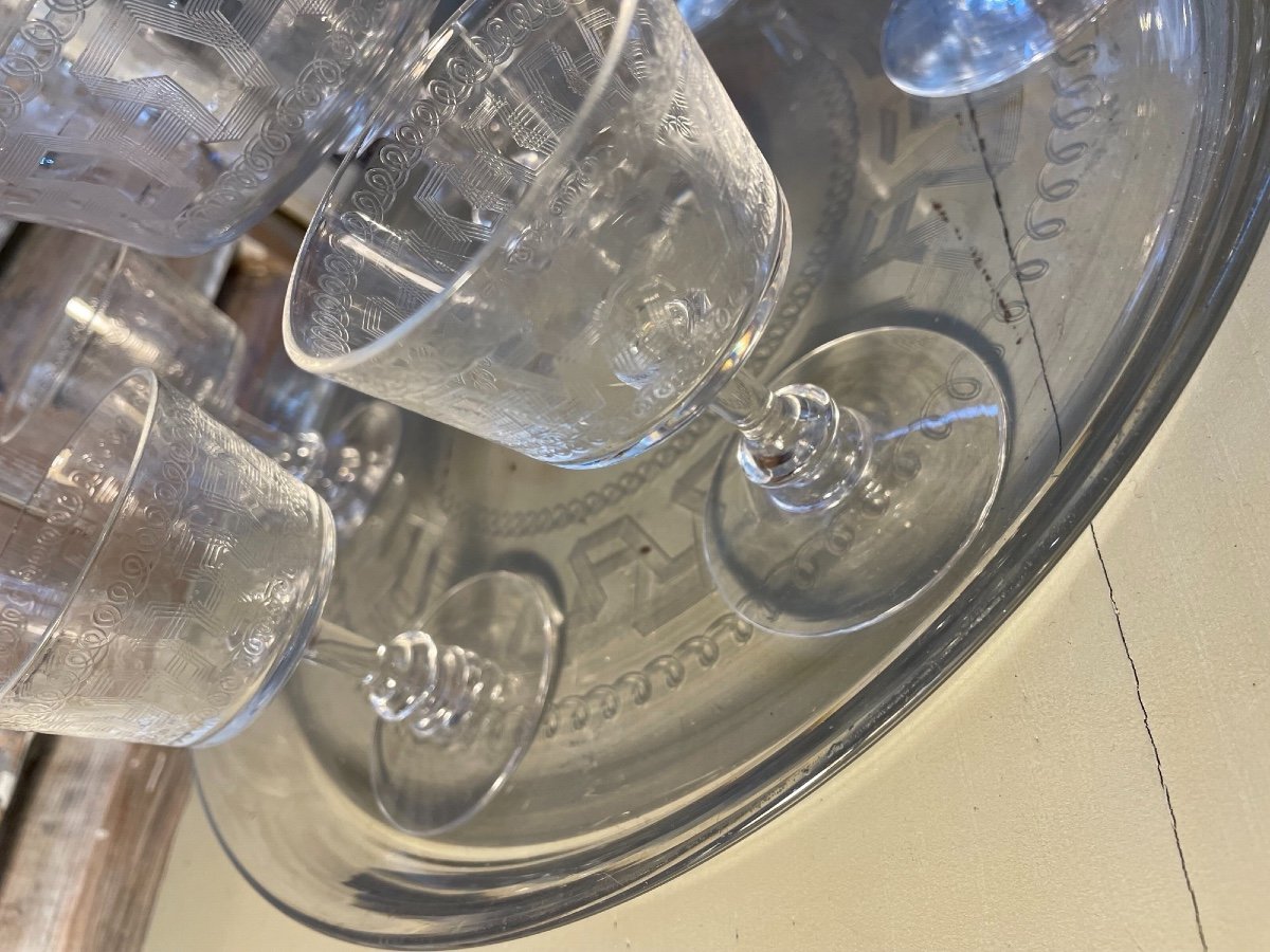 Old Punch Service In Greek Engraved Crystal Bezel, Glasses And Quality Tray-photo-4
