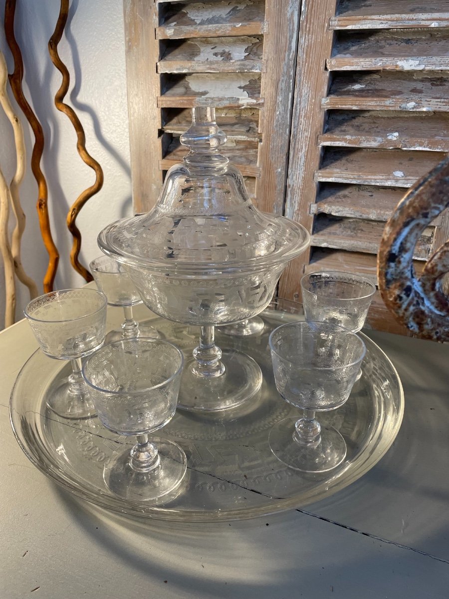 Old Punch Service In Greek Engraved Crystal Bezel, Glasses And Quality Tray-photo-5