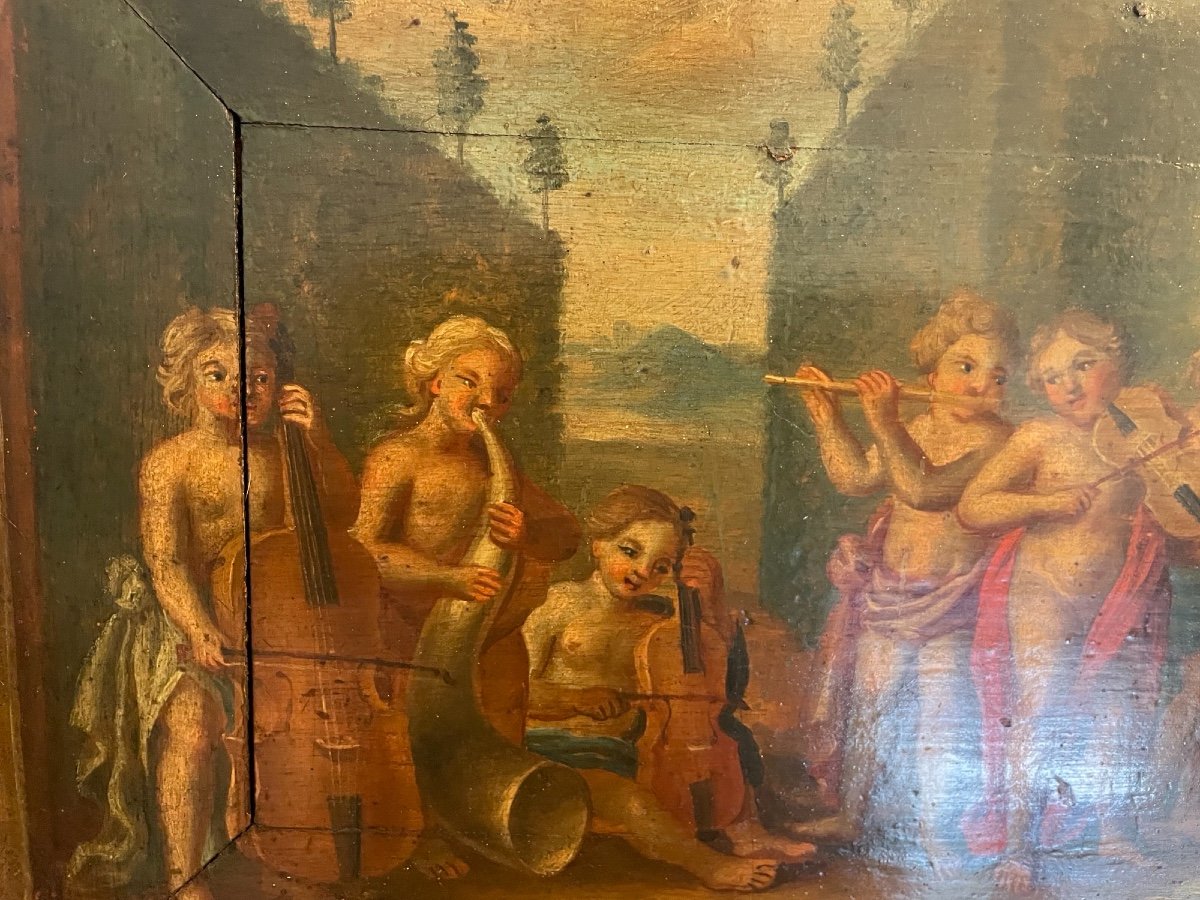 Old Painting On Wood Hsp Scene From Putti Musicians Oil Painting On Panel Musician Angel-photo-2