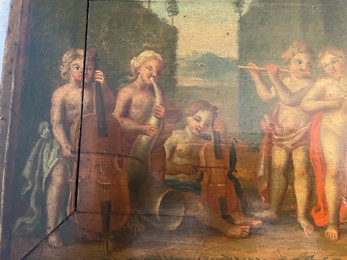 Old Painting On Wood Hsp Scene From Putti Musicians Oil Painting On Panel Musician Angel-photo-4