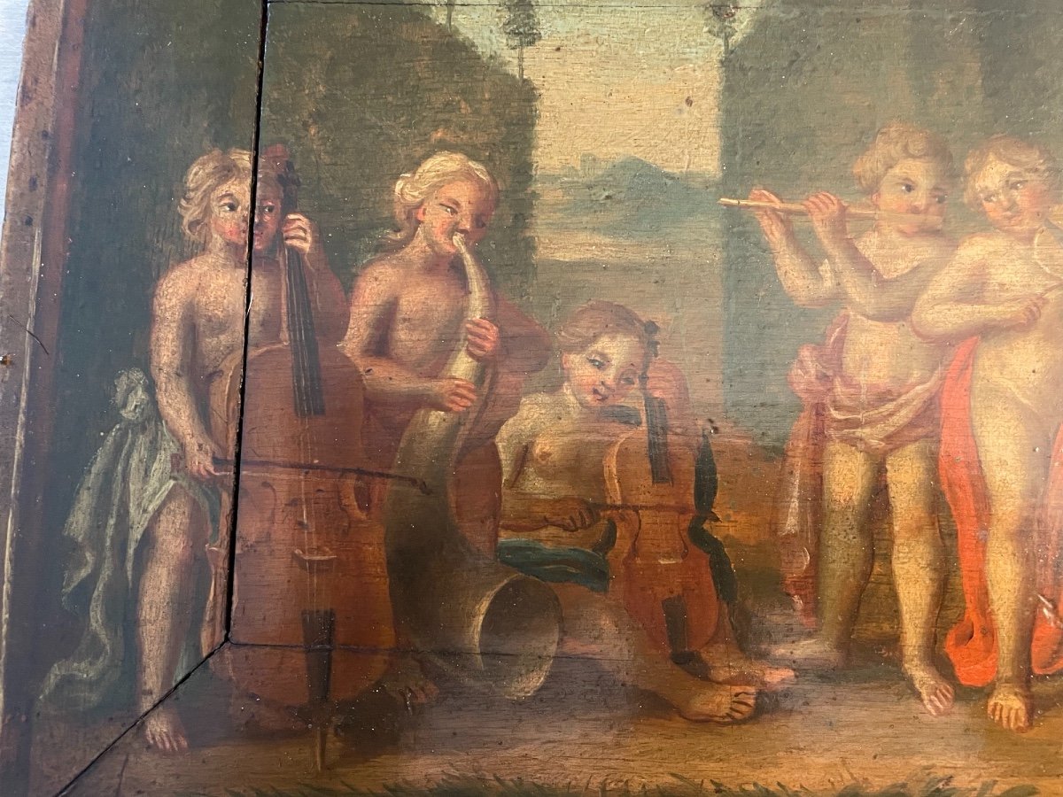Old Painting On Wood Hsp Scene From Putti Musicians Oil Painting On Panel Musician Angel-photo-5