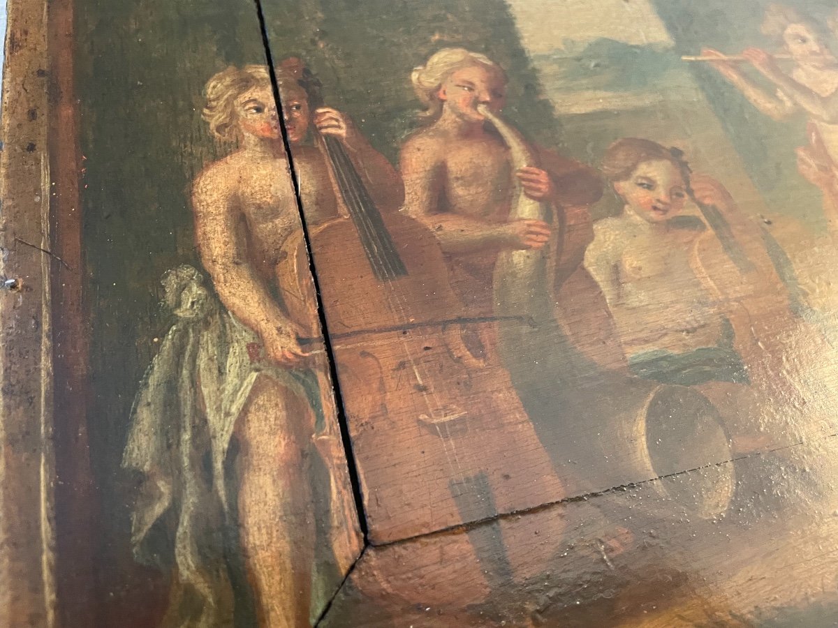 Old Painting On Wood Hsp Scene From Putti Musicians Oil Painting On Panel Musician Angel-photo-7