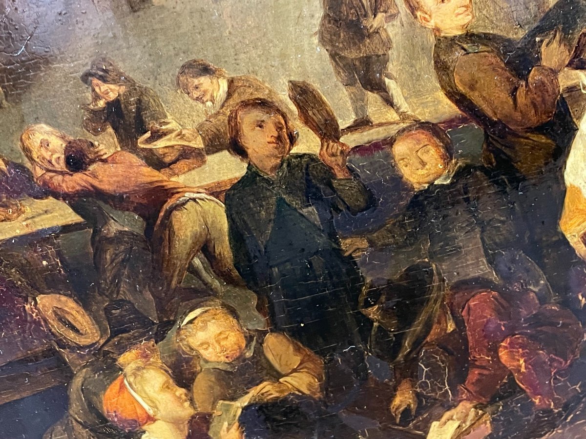 Grand Et Ancien Tableau Sur Panneau Hsp école Flamande : l'école Rare Scène d'Intérieur  XIX -photo-2