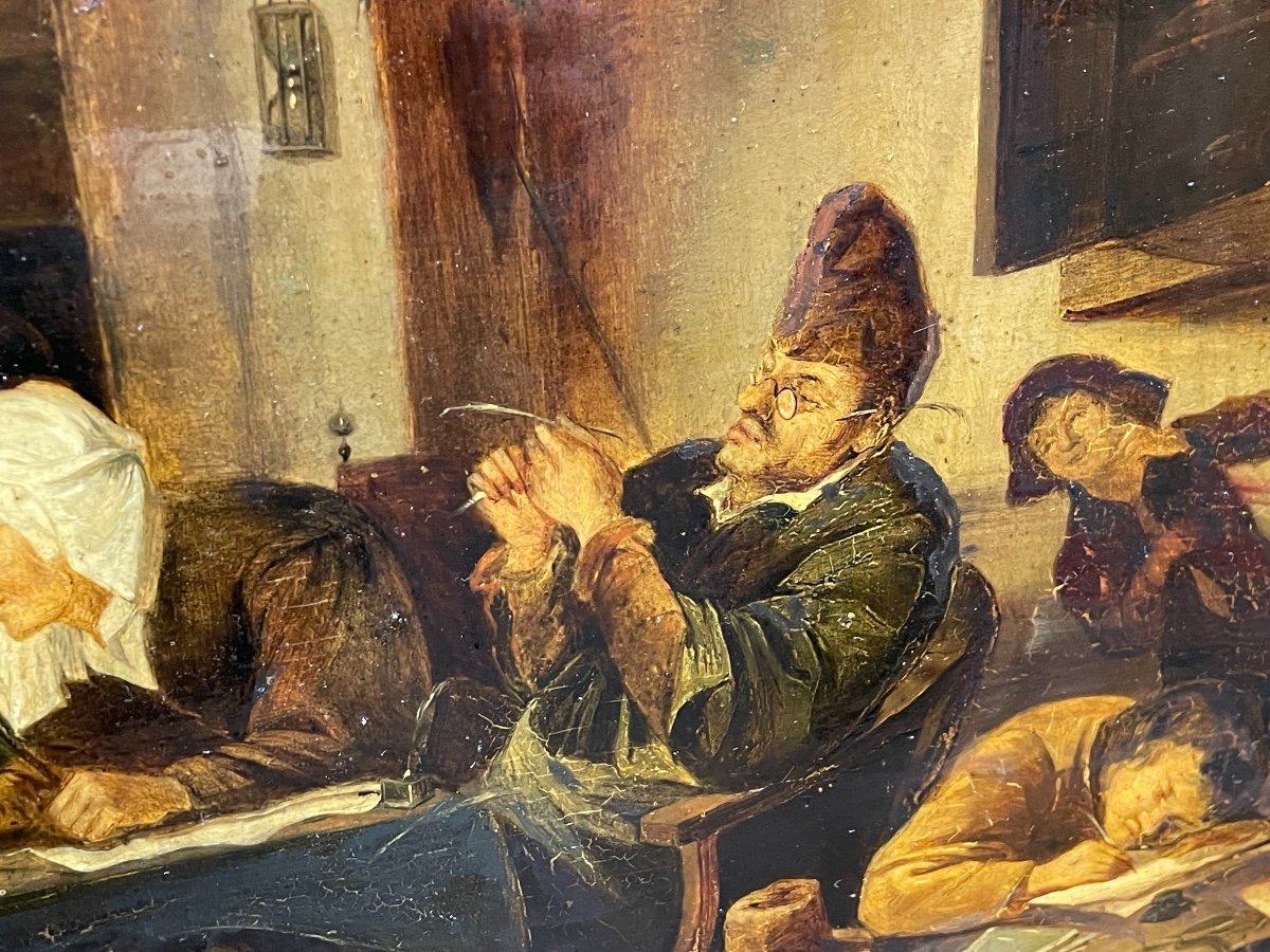 Grand Et Ancien Tableau Sur Panneau Hsp école Flamande : l'école Rare Scène d'Intérieur  XIX -photo-3