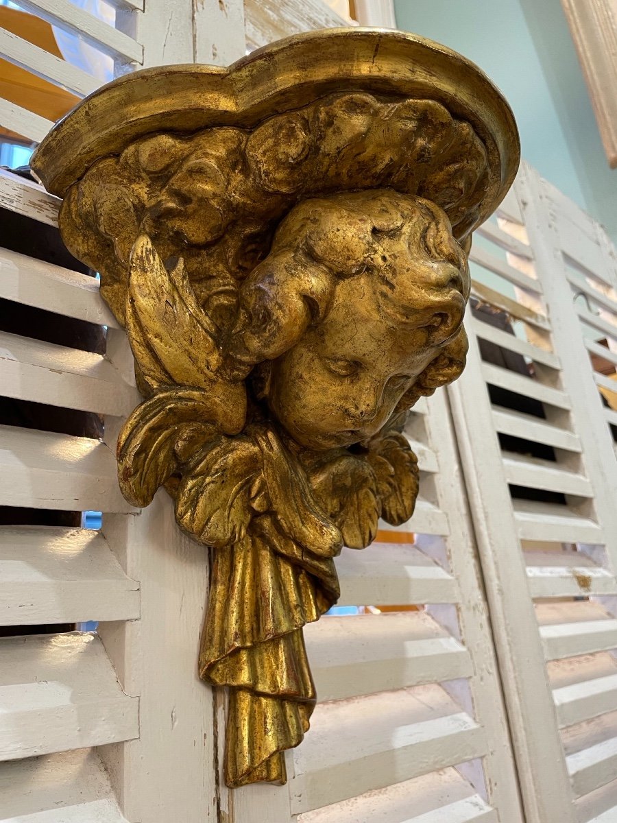 Ancien Console d'Applique En Bois Doré Fin Du XVIII Eme Siècle Ange Putti Putto  étagère Murale-photo-3