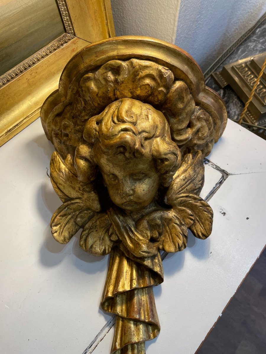 Ancien Console d'Applique En Bois Doré Fin Du XVIII Eme Siècle Ange Putti Putto  étagère Murale