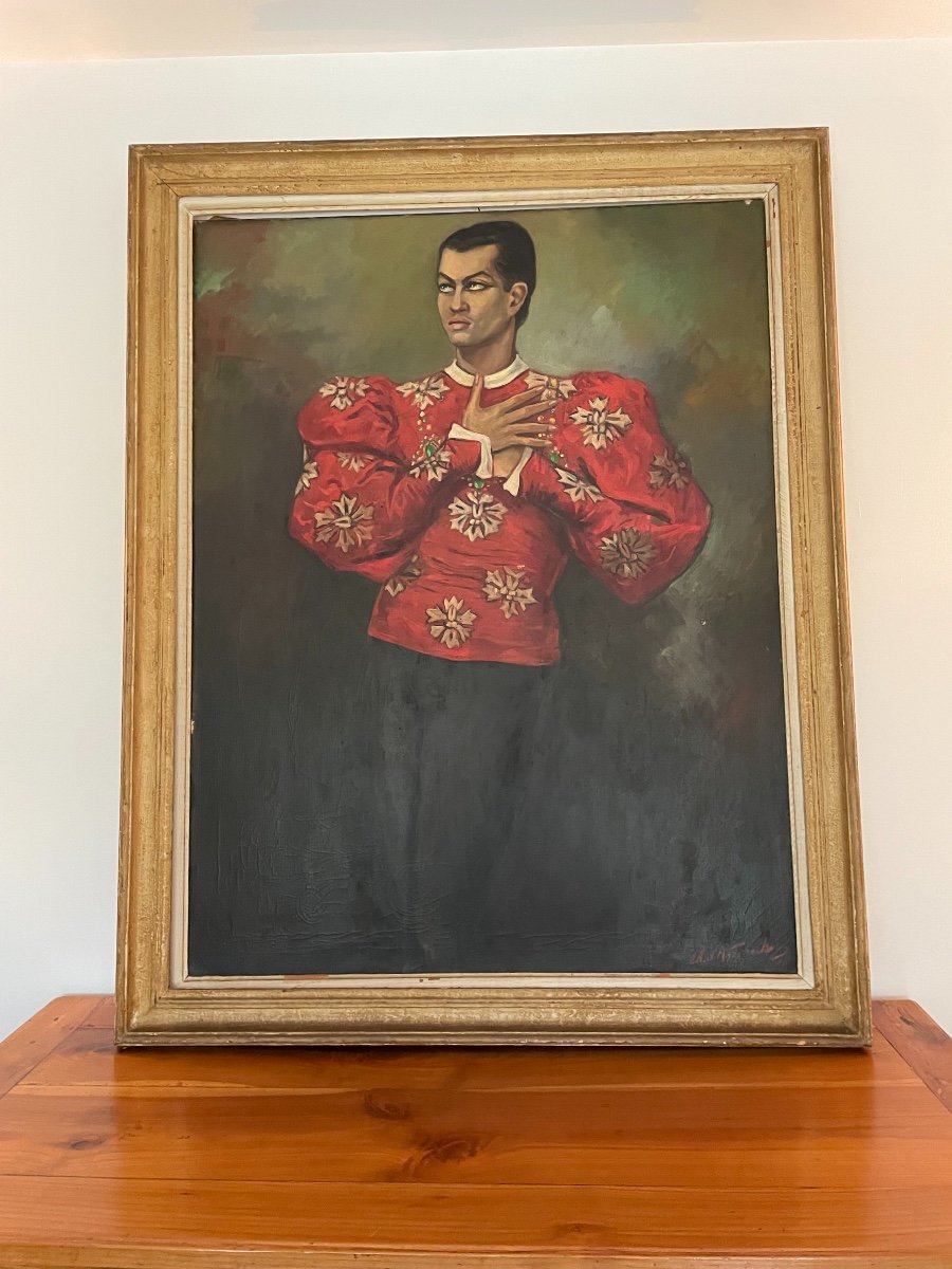 Très Grand Tableau Portrait Musique Chanteur Castrat Vers 1950 Huile Sur Toile Ancien-photo-3