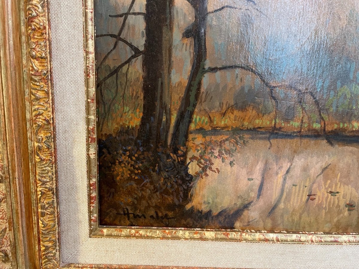 Ancien Tableau Albert Malet école De Rouen Paysage d'Automne XX ème Siècle Impressionniste -photo-3