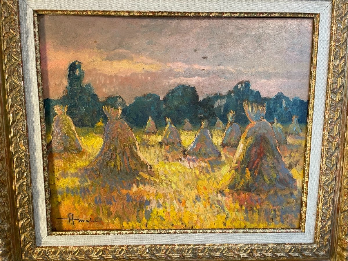 Ancien Tableau Albert Malet école De Rouen, Les Meules Après La Moisson XX ème Impressionniste-photo-2