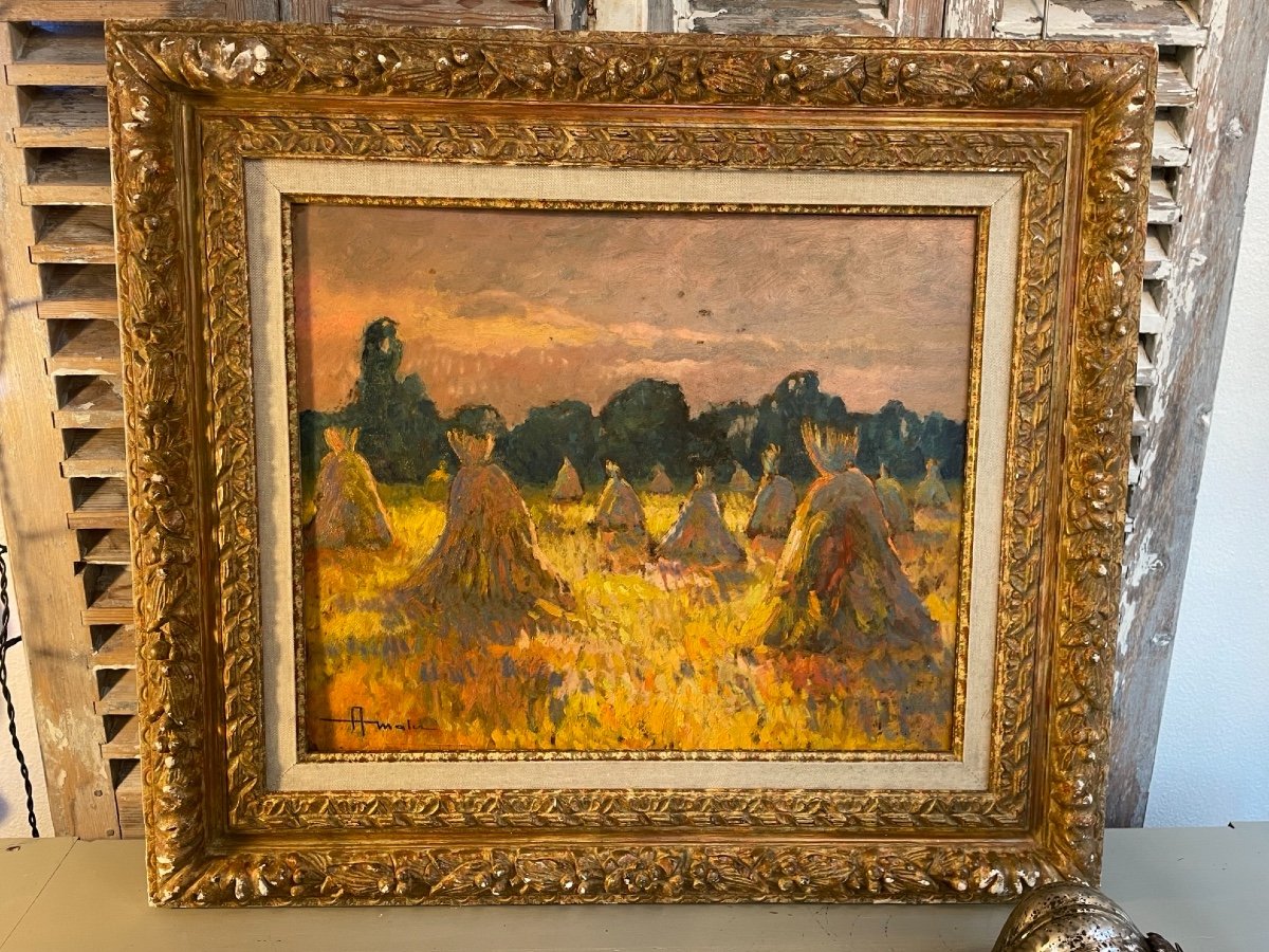 Ancien Tableau Albert Malet école De Rouen, Les Meules Après La Moisson XX ème Impressionniste