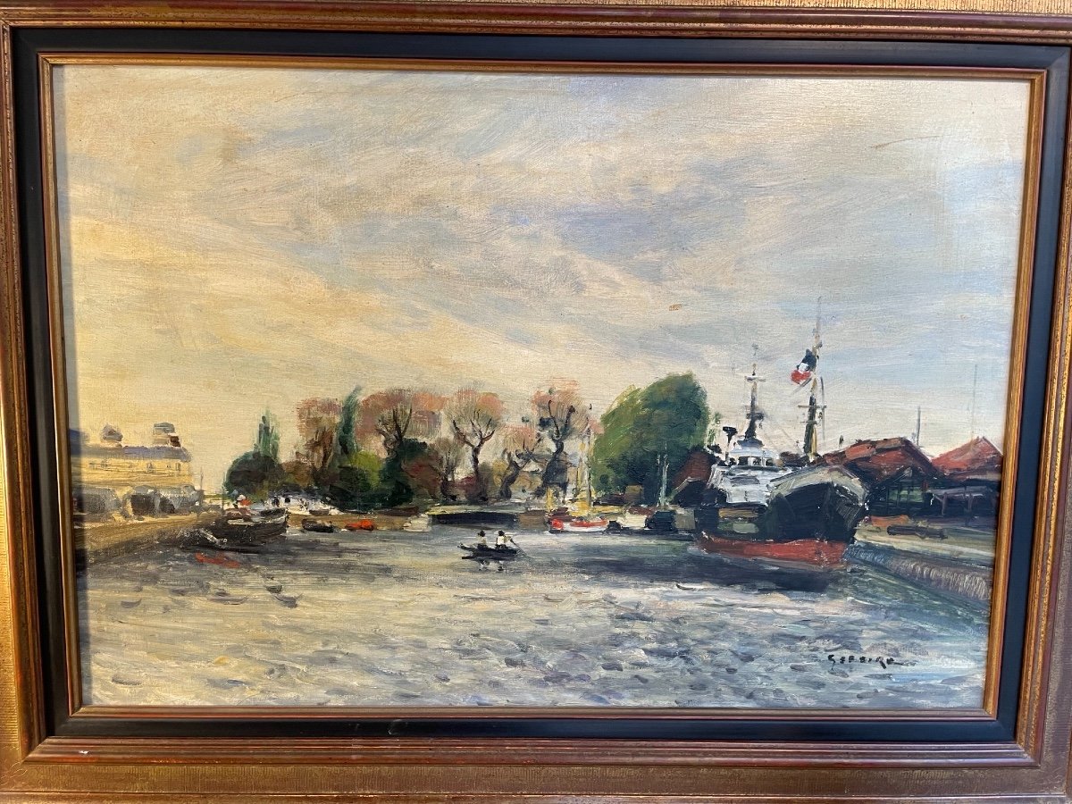 Gaston Sébire, School Of Rouen Oil On Canvas Bank Of The Seine Old Marine Painting Hst 20th-photo-2