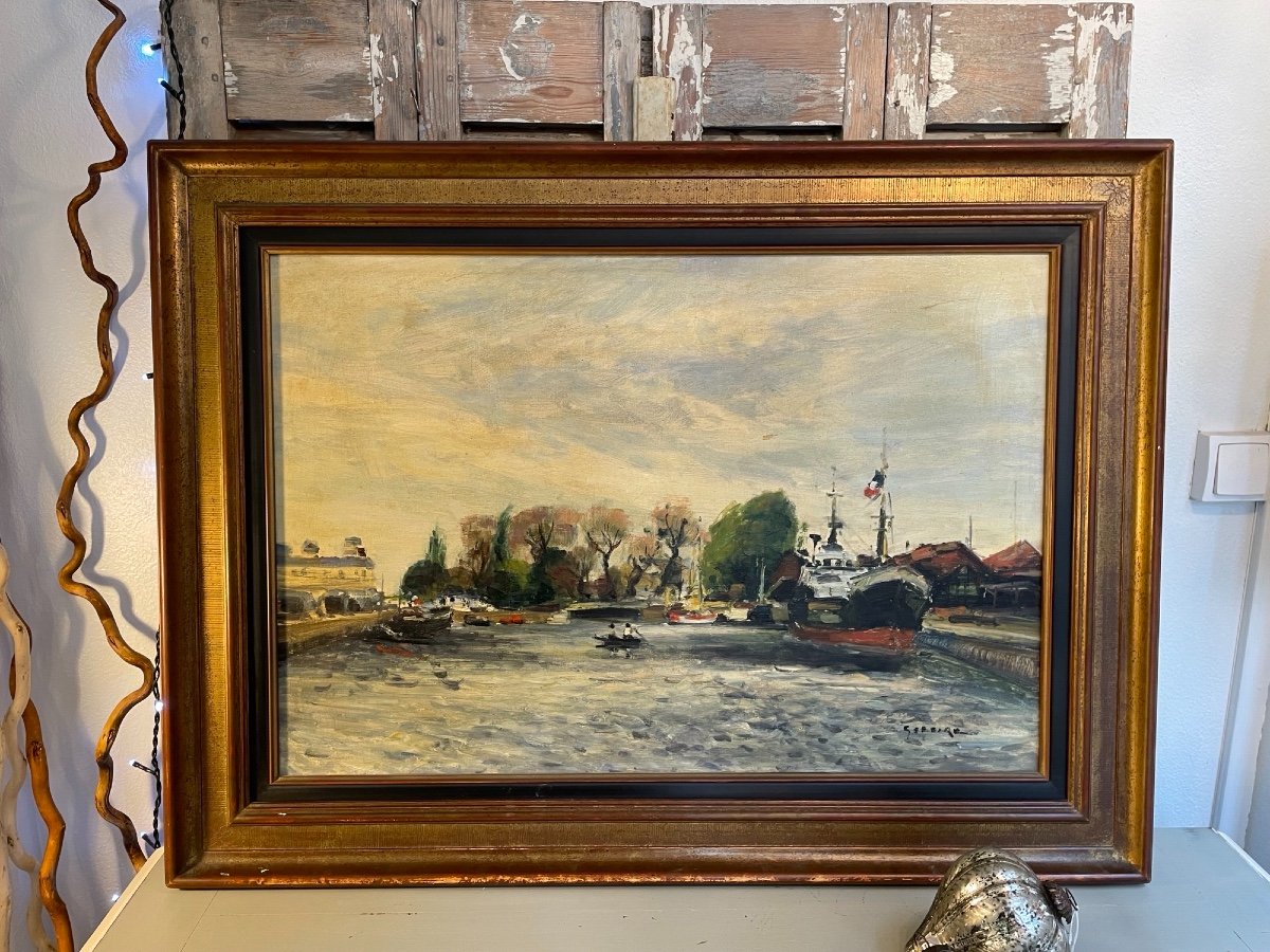 Gaston Sébire, School Of Rouen Oil On Canvas Bank Of The Seine Old Marine Painting Hst 20th-photo-1