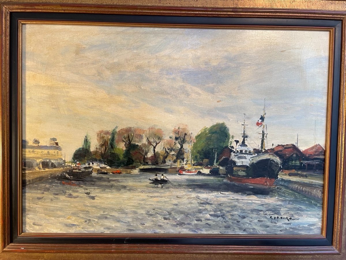Gaston Sébire, School Of Rouen Oil On Canvas Bank Of The Seine Old Marine Painting Hst 20th-photo-3