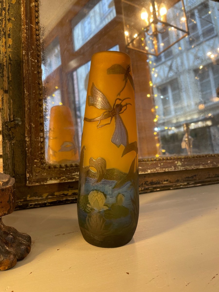 Old Small Gallé Vase Dragonfly Decor Early 20th Century Art Nouveau Glass Paste Display Case-photo-1