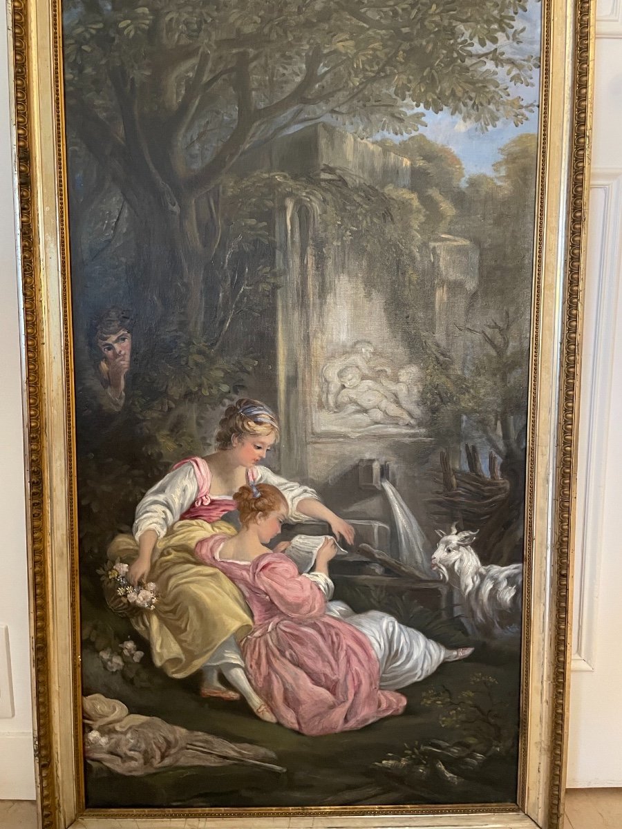 Ancien Grand Tableau Huile Sur Toile Scène Romantique d'Après F Boucher Fin XIX ème Hst -photo-3