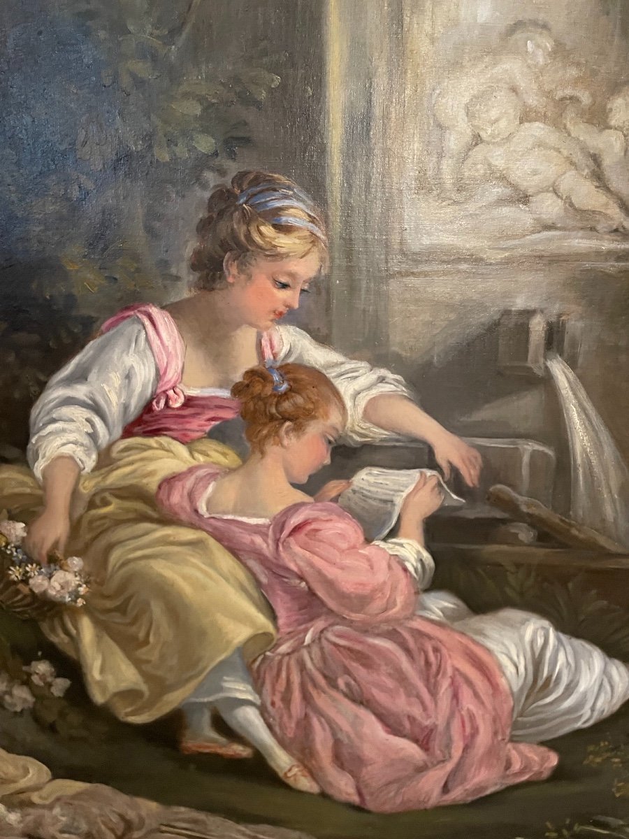 Ancien Grand Tableau Huile Sur Toile Scène Romantique d'Après F Boucher Fin XIX ème Hst -photo-4