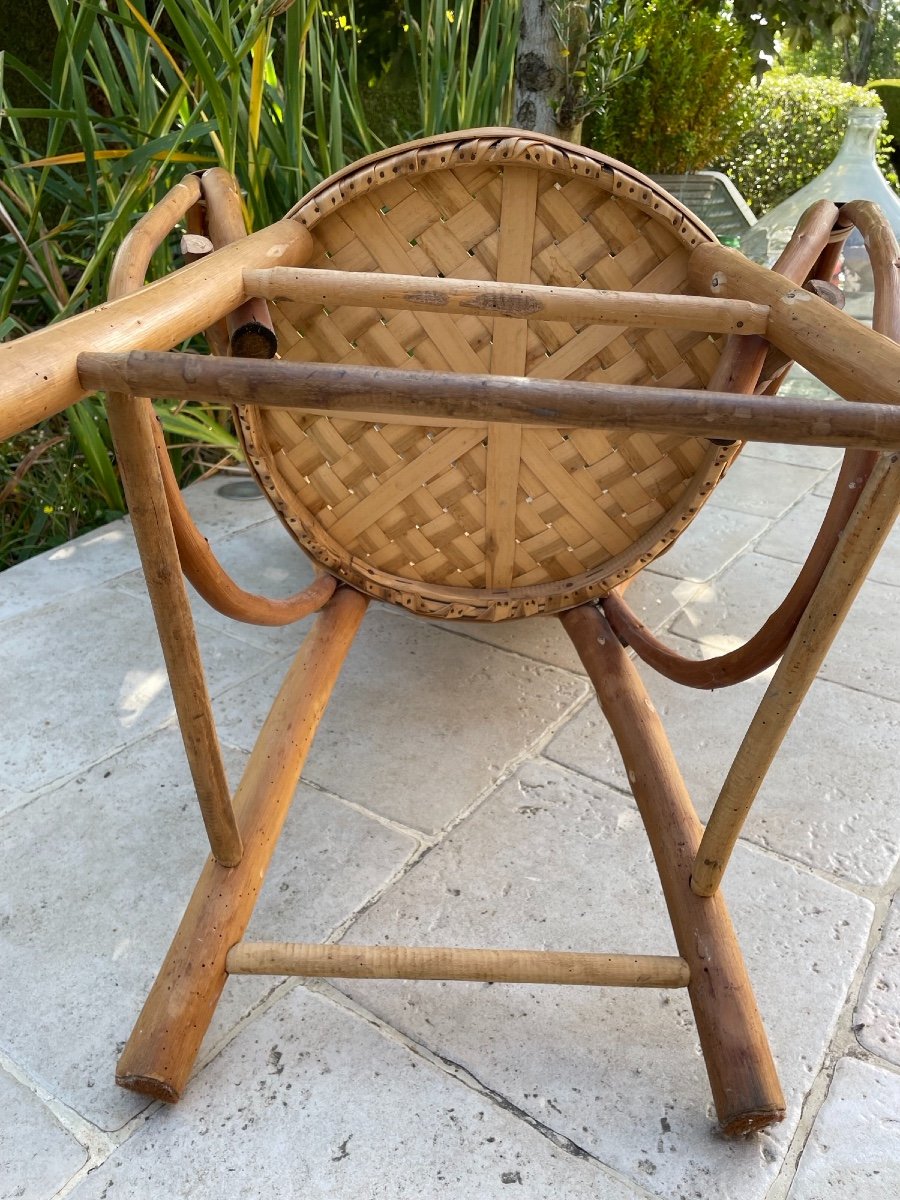 Ensemble Fauteuil Table En Rotin Et Châtaignier Le Corbusier Par Pascal Raffier Vintage XX ème-photo-2