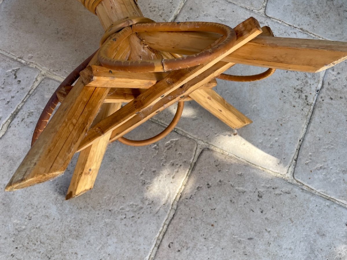 Ensemble Fauteuil Table En Rotin Et Châtaignier Le Corbusier Par Pascal Raffier Vintage XX ème-photo-4