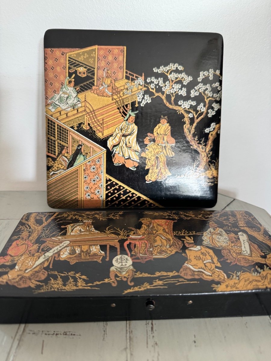 Duo Box And Pencil Case In Boiled Cardboard From Pont-à-moussen Napoleon III Chinese Decor -photo-3