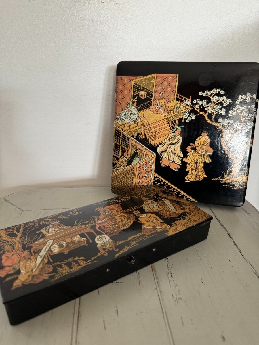 Duo Box And Pencil Case In Boiled Cardboard From Pont-à-moussen Napoleon III Chinese Decor 