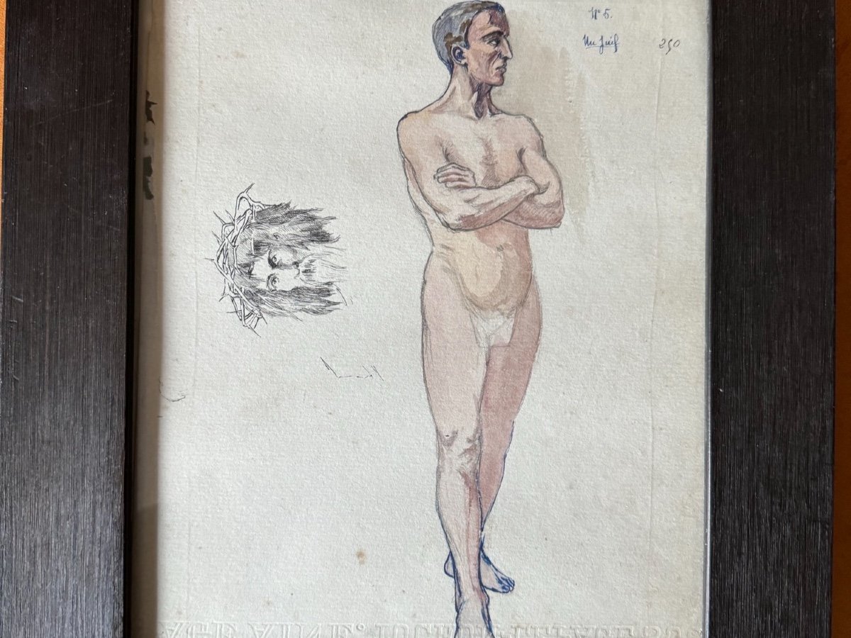 Academic Nude Watercolor Drawing Study Of Christ Before Pilate, Early 20th Century -photo-4