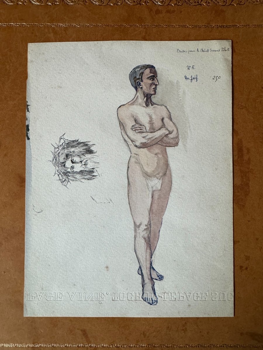 Academic Nude Watercolor Drawing Study Of Christ Before Pilate, Early 20th Century -photo-4