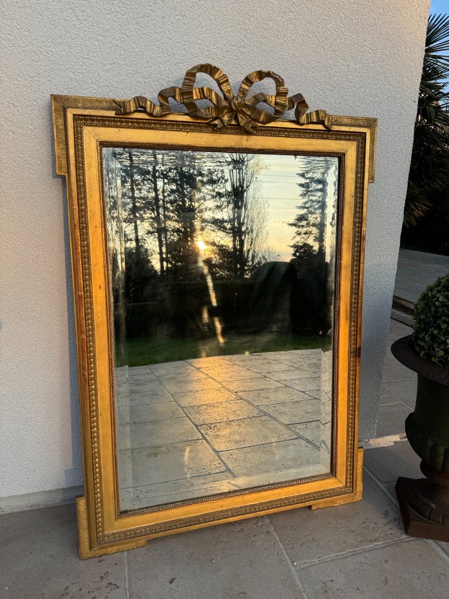 Old Louis XVI Style Golden Wood Mirror, XIX Eme Century Trumeau Fireplace-photo-3
