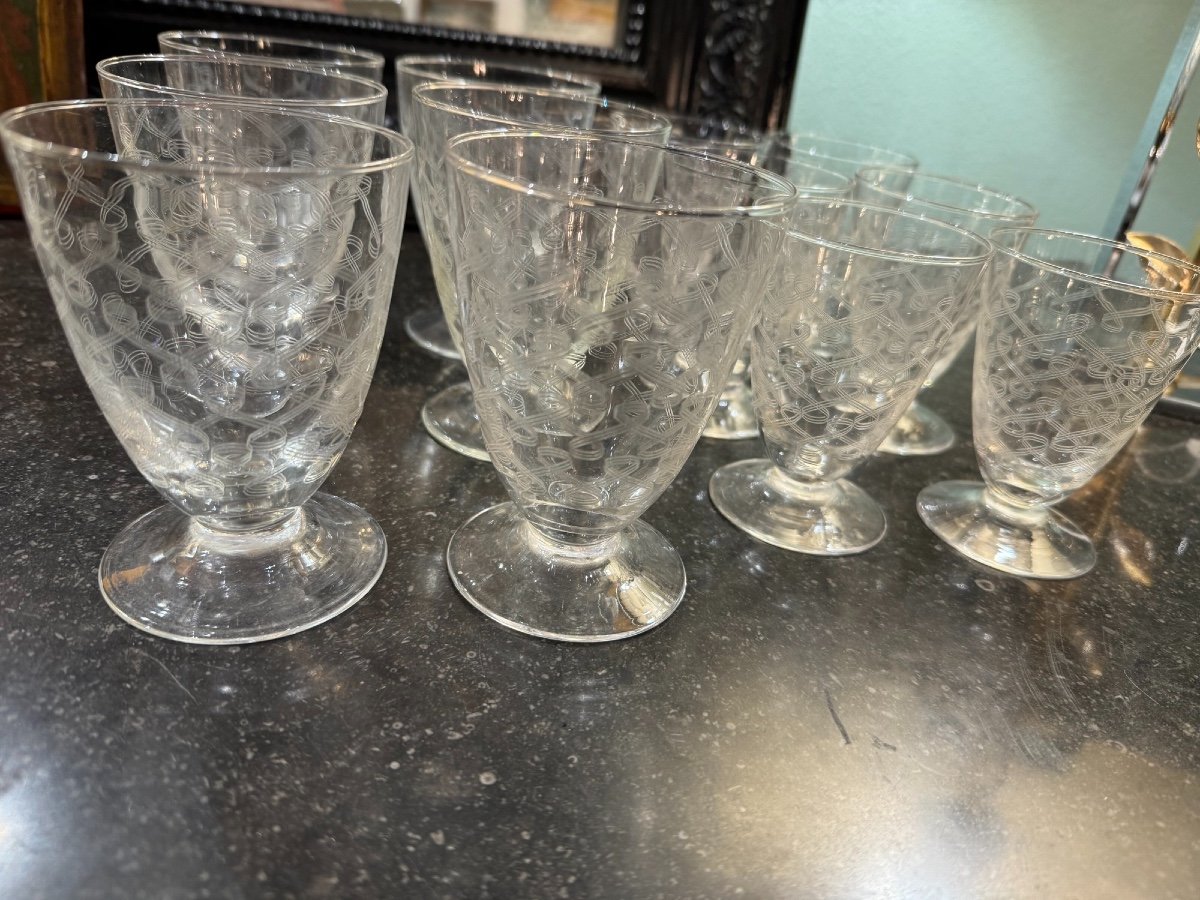 Old Service Of Engraved Crystal Glasses Art Deco Period Circa 1930 Water Glass Wine Glass-photo-2