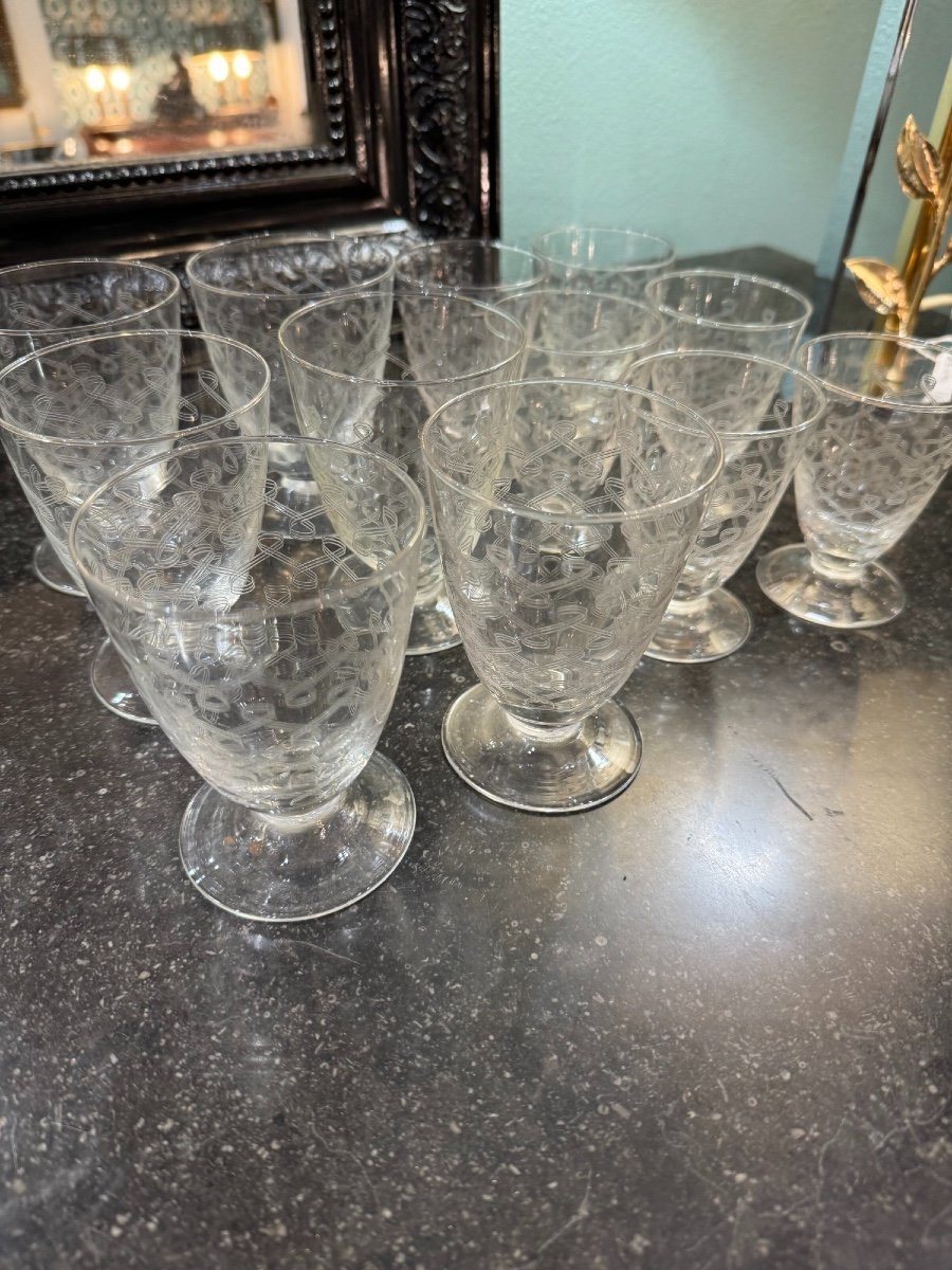 Old Service Of Engraved Crystal Glasses Art Deco Period Circa 1930 Water Glass Wine Glass-photo-1
