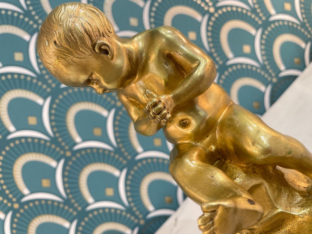 Antique Small Gilt Bronze Statue In Putto, Cherub On Marble Base Late 19th Century Putti -photo-4