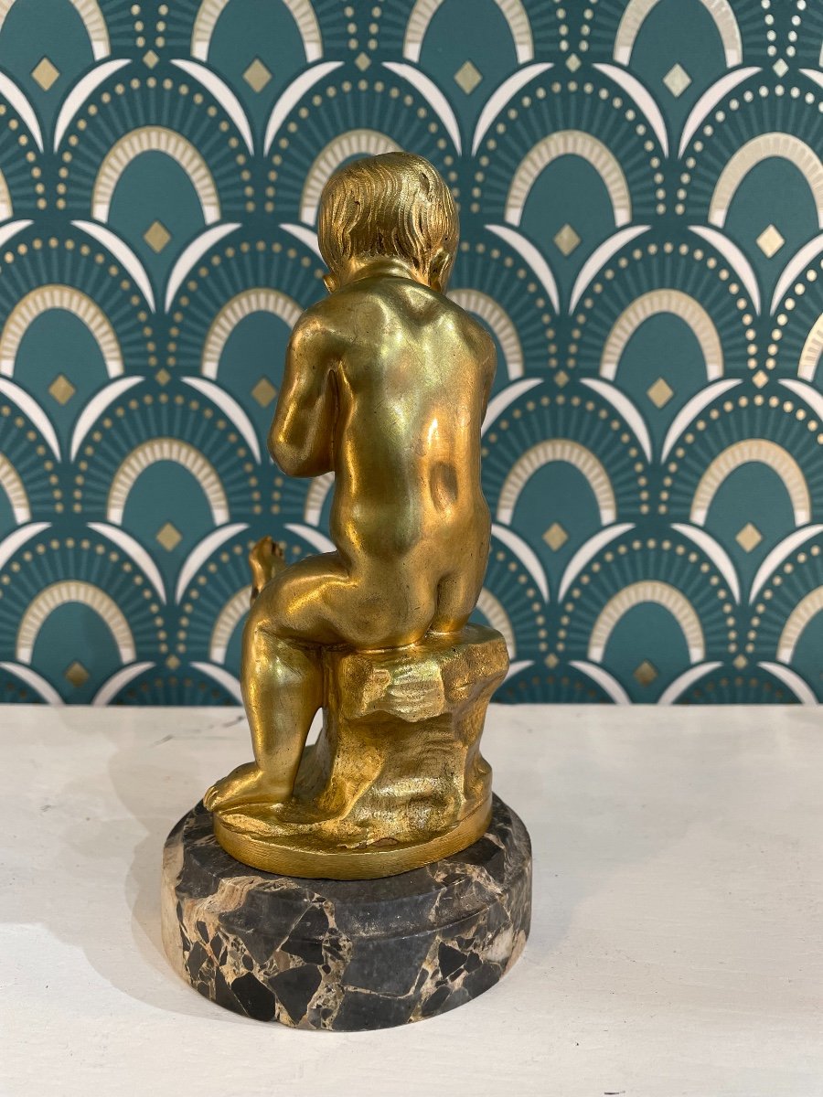 Antique Small Gilt Bronze Statue In Putto, Cherub On Marble Base Late 19th Century Putti -photo-6