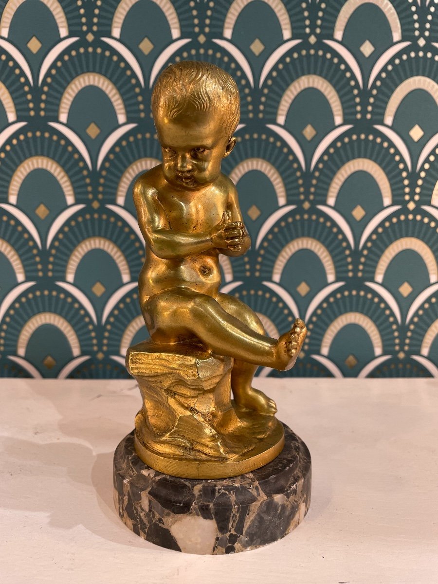Antique Small Gilt Bronze Statue In Putto, Cherub On Marble Base Late 19th Century Putti -photo-8