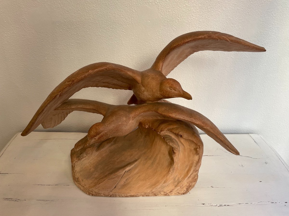 Old Terracotta Sculpture By H Bargas: The Seagulls On The Wave Art Deco Art Nouveau-photo-4