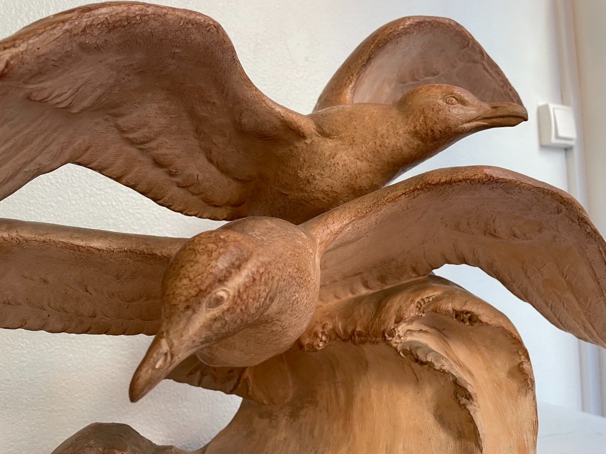 Old Terracotta Sculpture By H Bargas: The Seagulls On The Wave Art Deco Art Nouveau-photo-5
