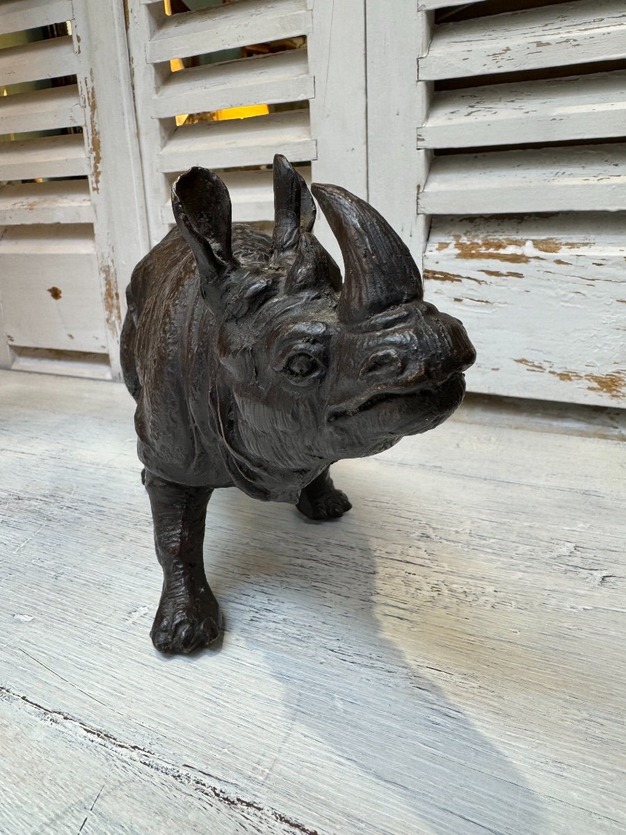 Ancien Rhinocéros En Bronze Patiné Milieu XX Eme Bronze Animalier Sculpture Statue -photo-5