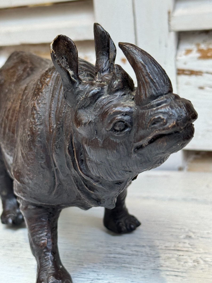 Ancien Rhinocéros En Bronze Patiné Milieu XX Eme Bronze Animalier Sculpture Statue -photo-7