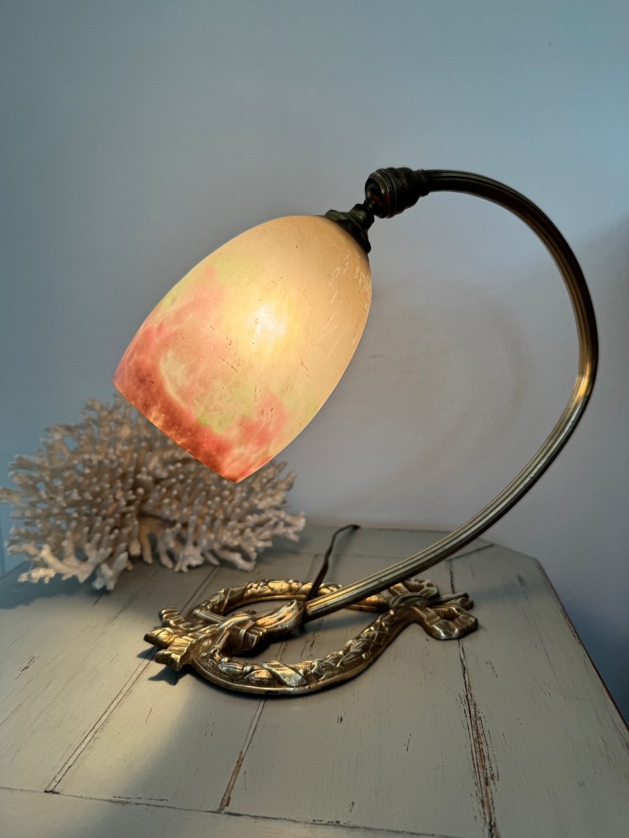 Ancienne Lampe En Bronze Avec Sa Tulipe Muller Vers 1900 Art Nouveau Vers 1900 -photo-1