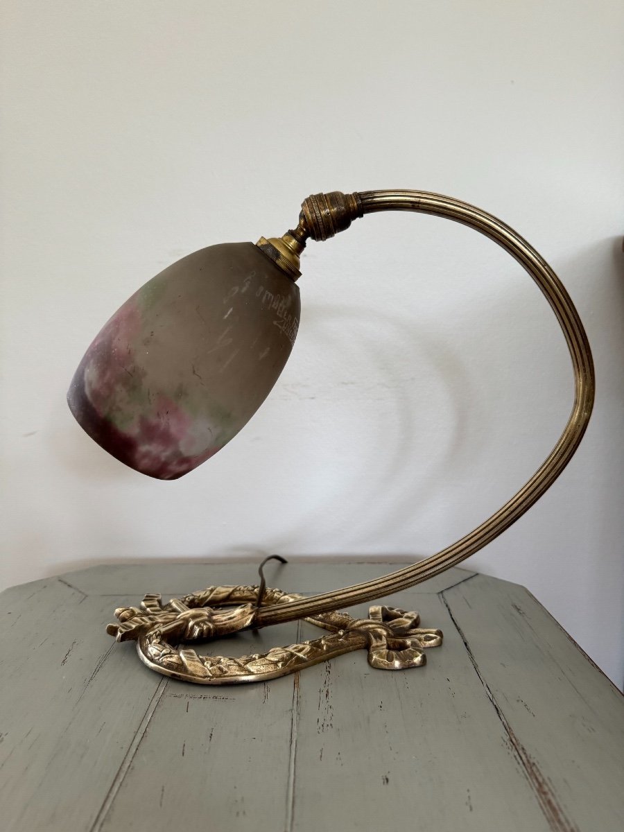Ancienne Lampe En Bronze Avec Sa Tulipe Muller Vers 1900 Art Nouveau Vers 1900 -photo-3