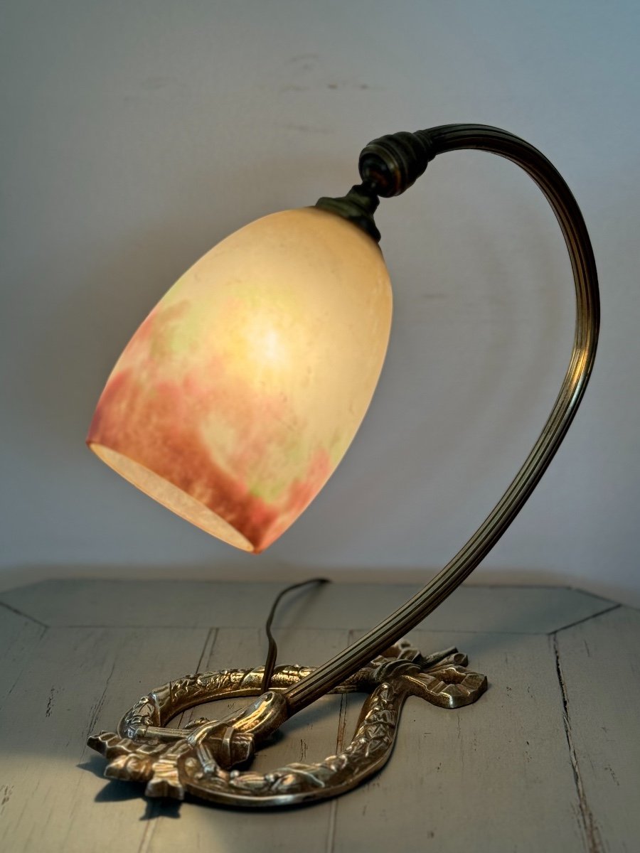 Ancienne Lampe En Bronze Avec Sa Tulipe Muller Vers 1900 Art Nouveau Vers 1900 -photo-5