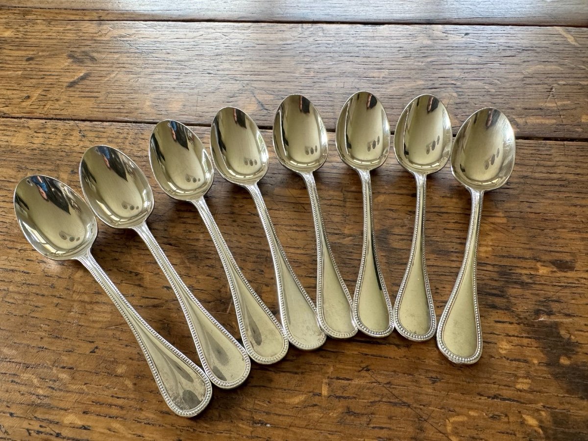 8 Dessert Spoons From Maison Christofle Pearl Model Silver Metal Good Condition -photo-2