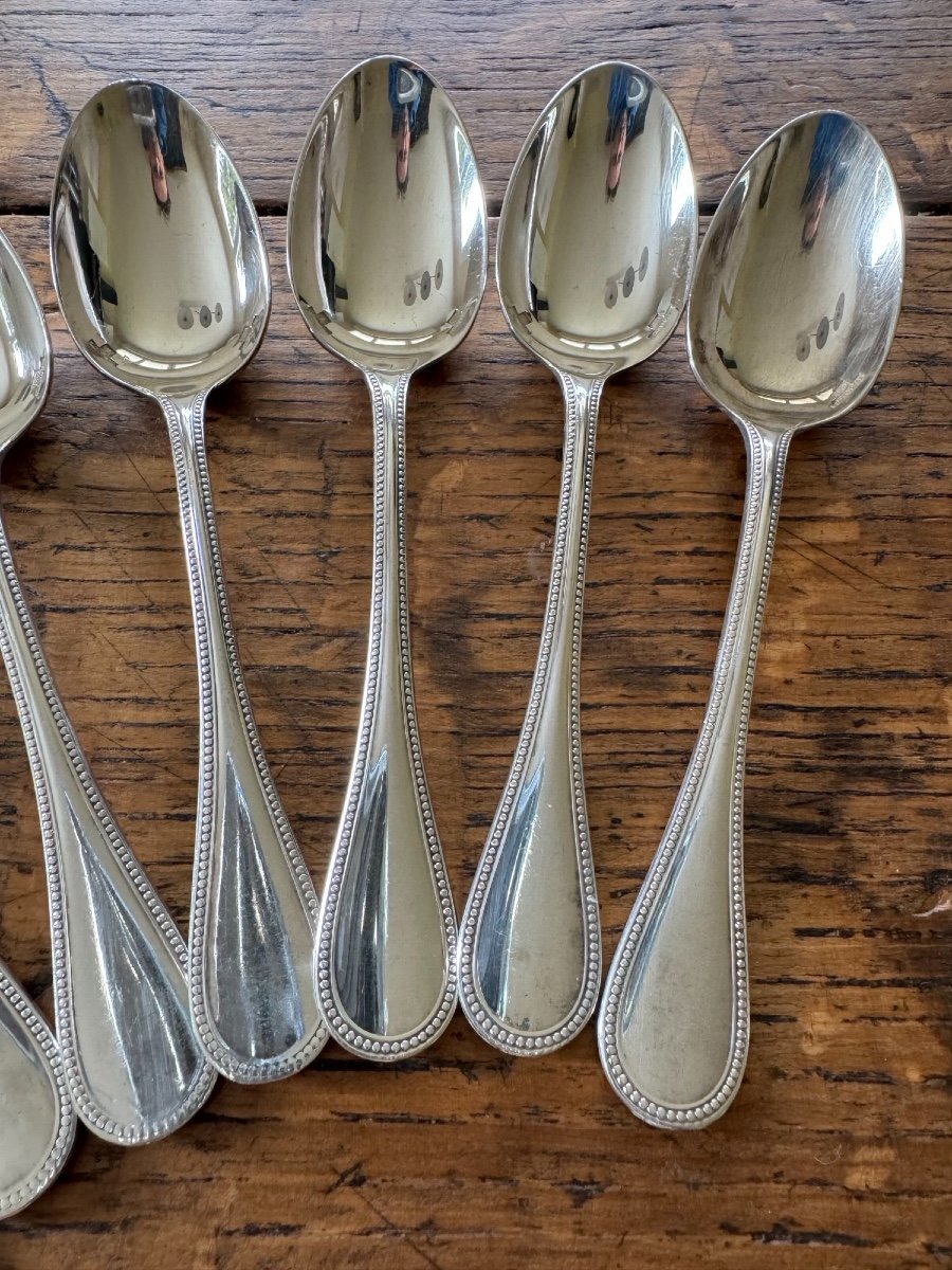 8 Dessert Spoons From Maison Christofle Pearl Model Silver Metal Good Condition -photo-3