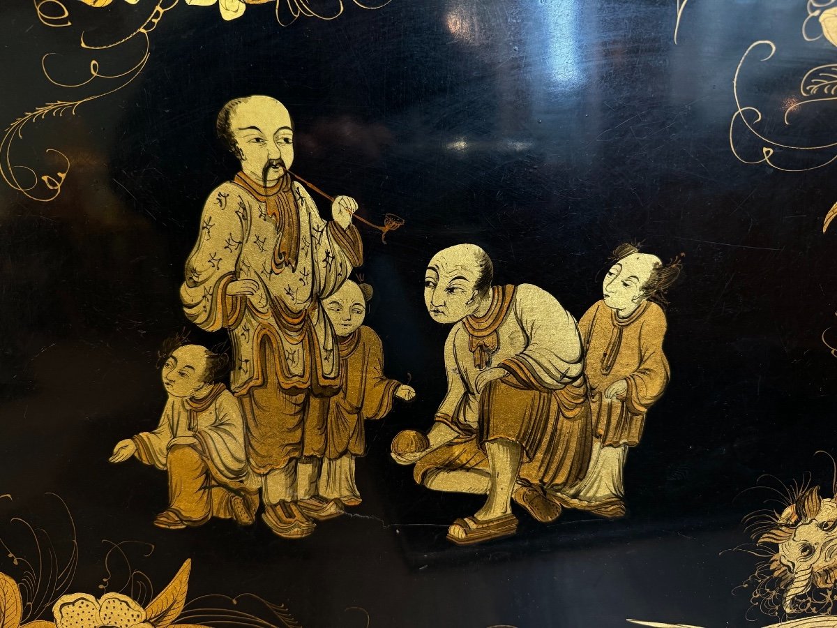 Ancien Plateau En Tôle Peinte Aux Motifs  De Chinois Fin XIX Eme Siècle Rehaussé Or Chine -photo-2