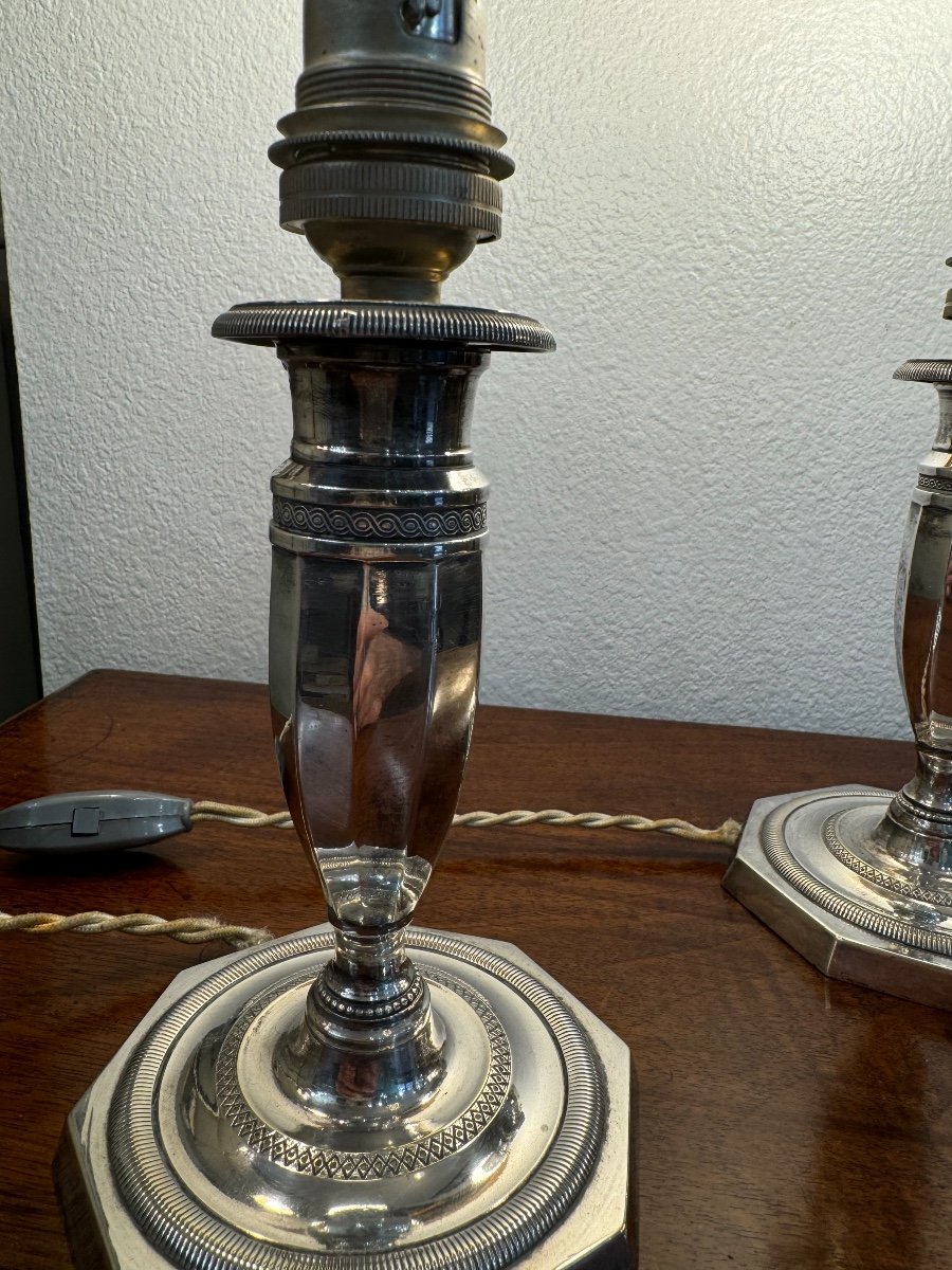 Ancienne Paire De Lampes / Bougeoirs De Toilette En Bronze Argenté Début XX Eme-photo-4