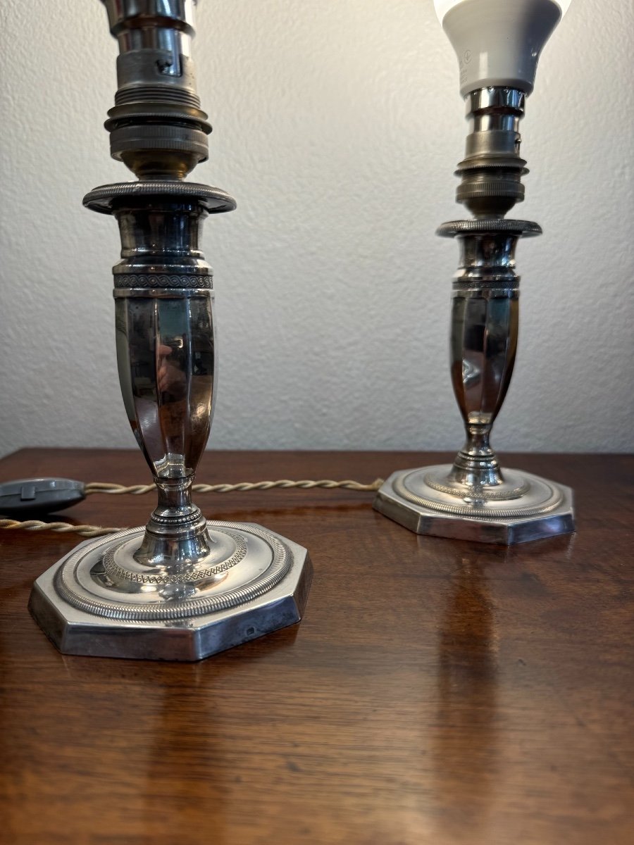 Ancienne Paire De Lampes / Bougeoirs De Toilette En Bronze Argenté Début XX Eme-photo-1