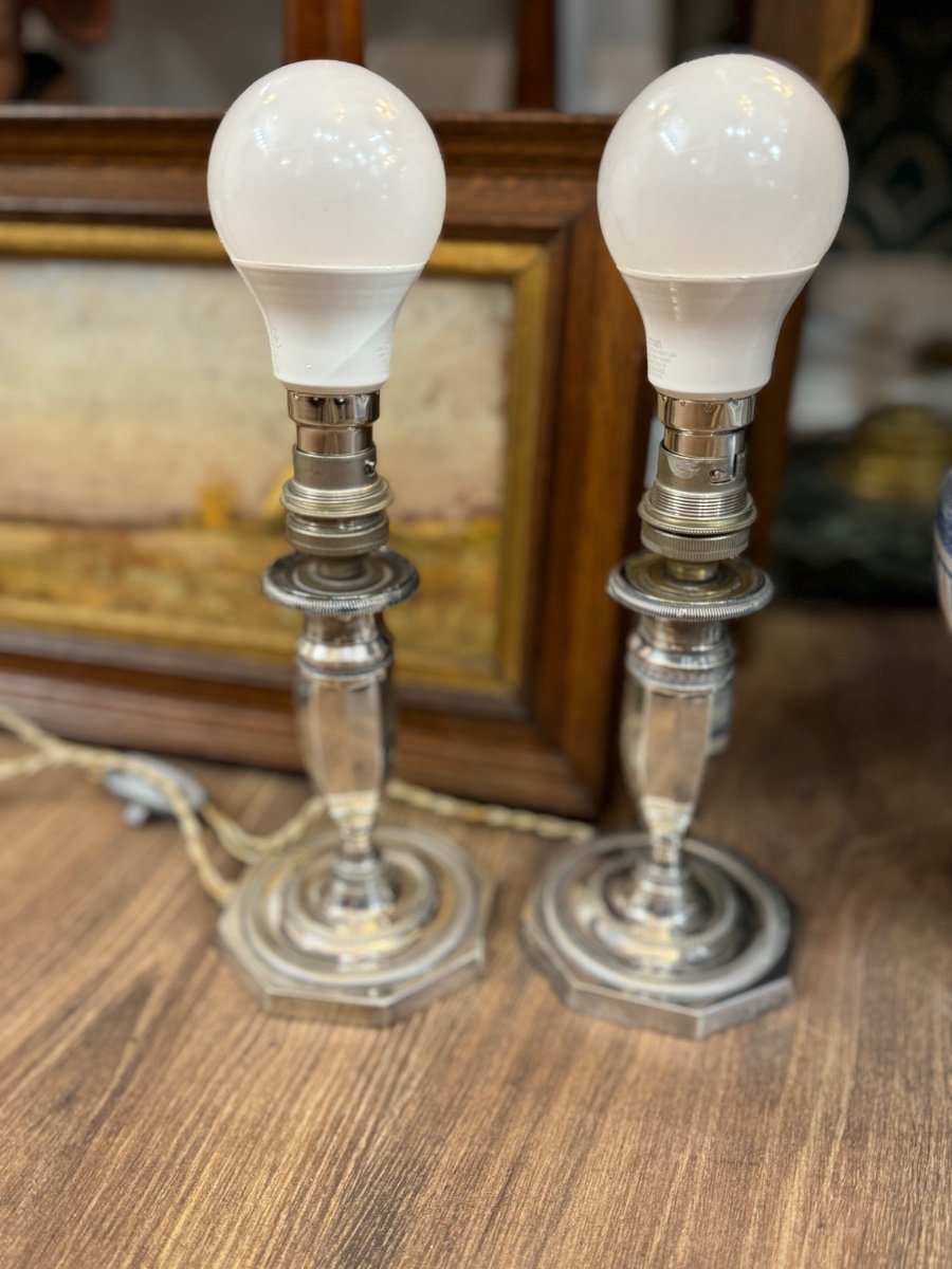 Ancienne Paire De Lampes / Bougeoirs De Toilette En Bronze Argenté Début XX Eme-photo-6