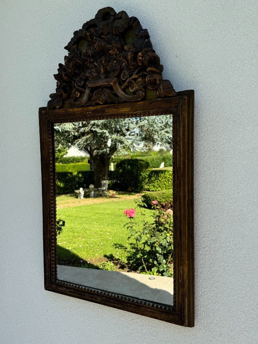 Antique And Large Louis XVI Mirror End Of The 18th Century With Pediment Floral Decor With Green Patina 18th Century-photo-2