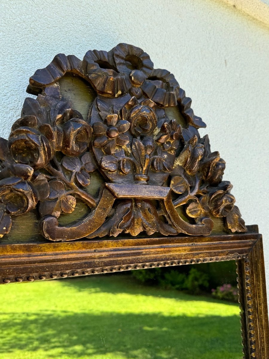 Antique And Large Louis XVI Mirror End Of The 18th Century With Pediment Floral Decor With Green Patina 18th Century-photo-5
