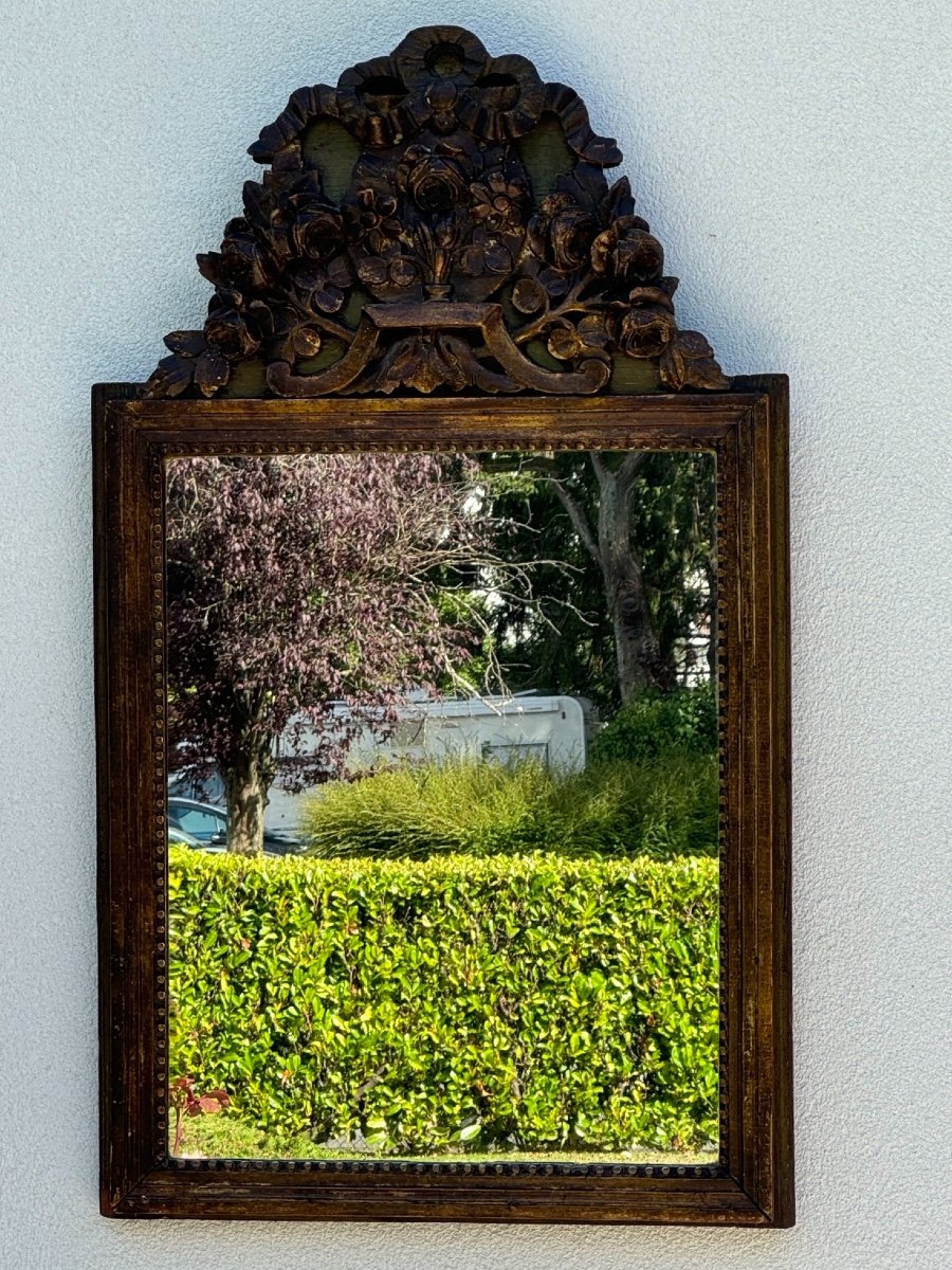 Antique And Large Louis XVI Mirror End Of The 18th Century With Pediment Floral Decor With Green Patina 18th Century