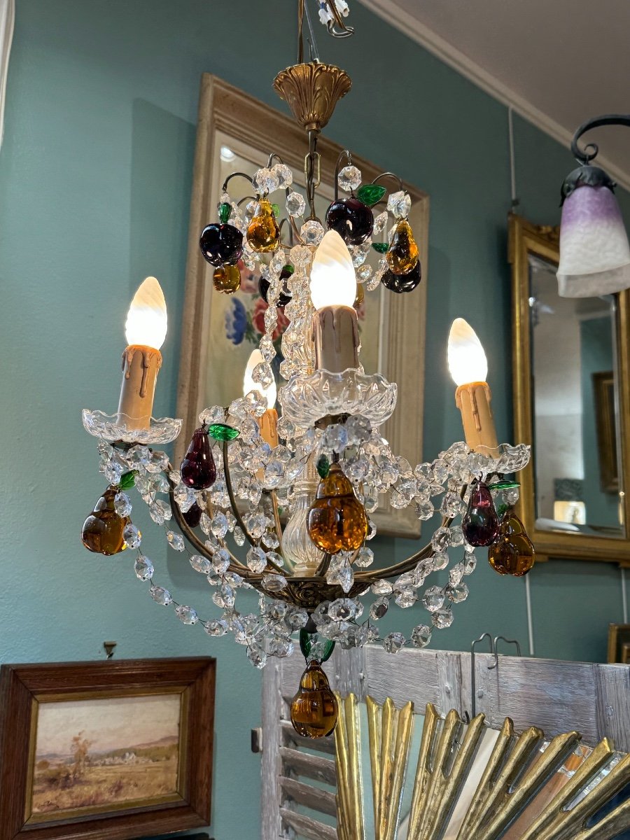 Antique Chandelier With Tassels And Apple Pear Crystal Pendants Early 20th Century Murano Italian Italy-photo-3