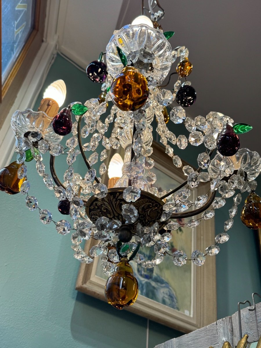 Antique Chandelier With Tassels And Apple Pear Crystal Pendants Early 20th Century Murano Italian Italy-photo-1